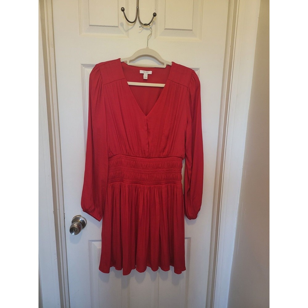 Nine West Chocolate Red Long-Sleeve Smocked Pleated Silky Mini Dress Large